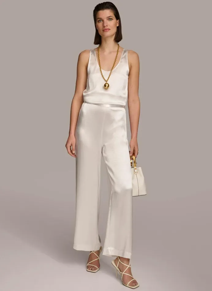Women Donna Karan Pants WIDE LEG FLAT FRONT Cream