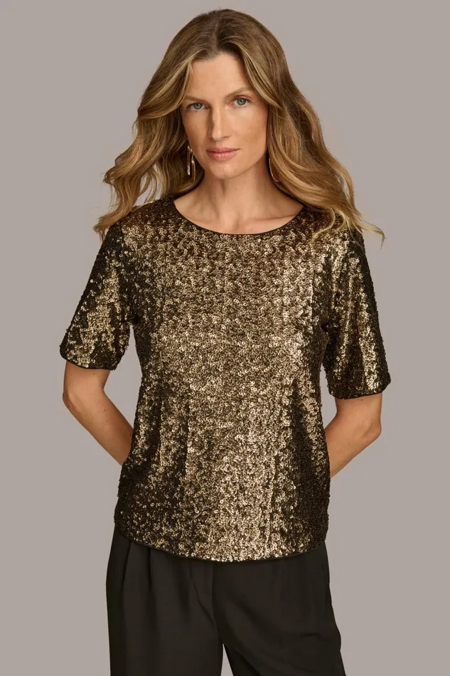 Women Donna Karan Sweaters And Tops ALL OVER SEQUIN CREW NECK TOP Blackgold