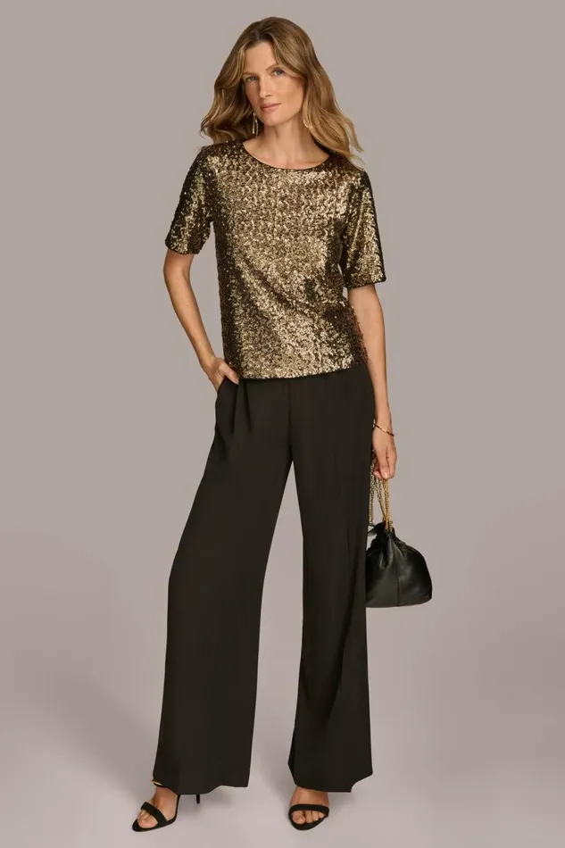 Women Donna Karan Sweaters And Tops ALL OVER SEQUIN CREW NECK TOP Blackgold