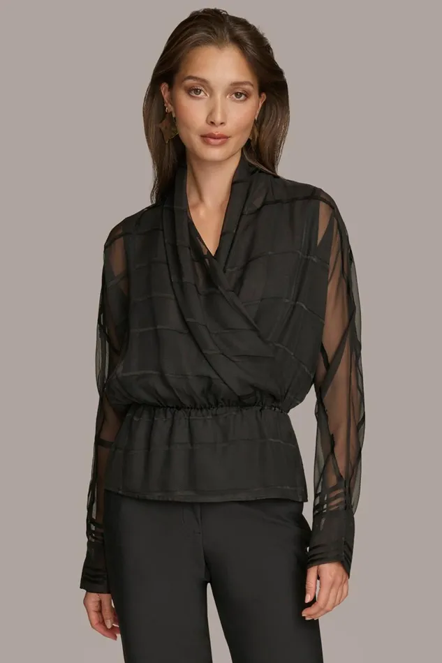 Women Donna Karan Sweaters And Tops BURNOUT FAUX WRAP BLOUSE Black