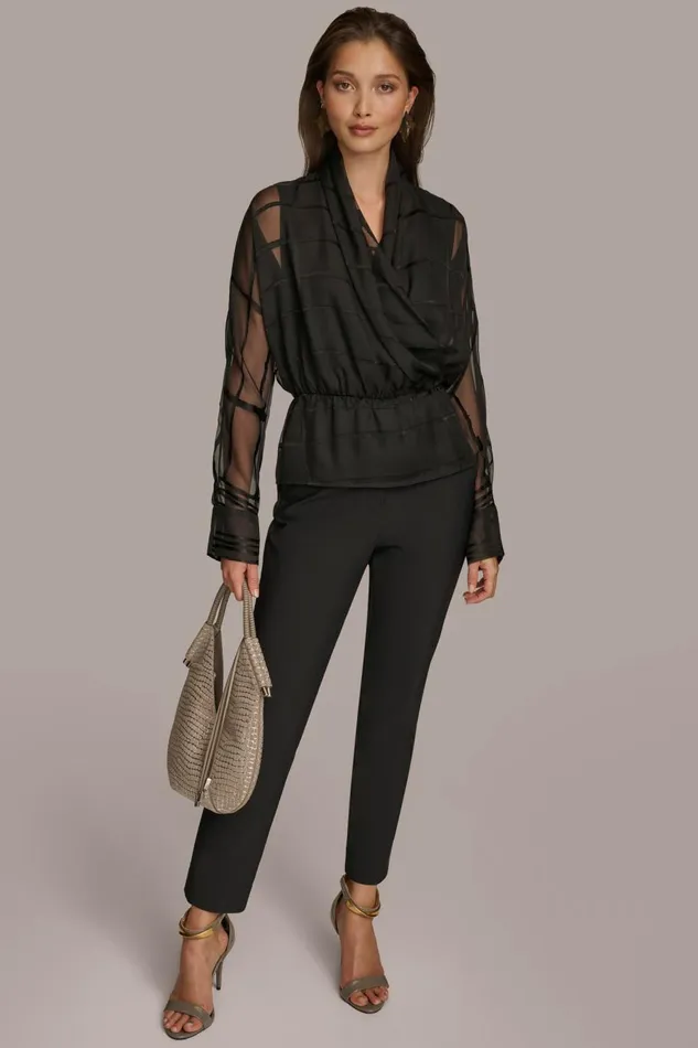 Women Donna Karan Sweaters And Tops BURNOUT FAUX WRAP BLOUSE Black