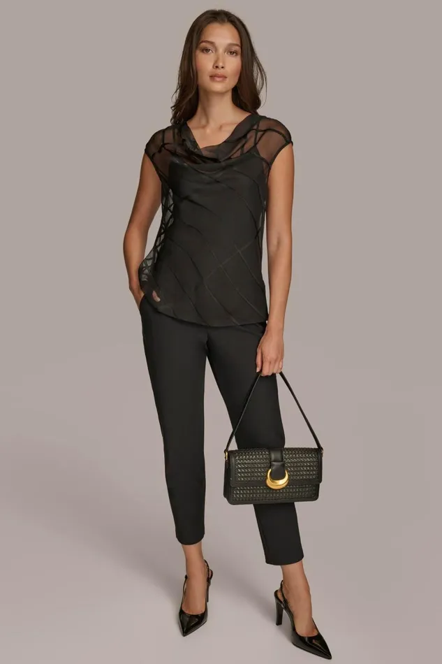 Women Donna Karan Sweaters And Tops BURNOUT VELVET COWL NECK BLOUSE Black
