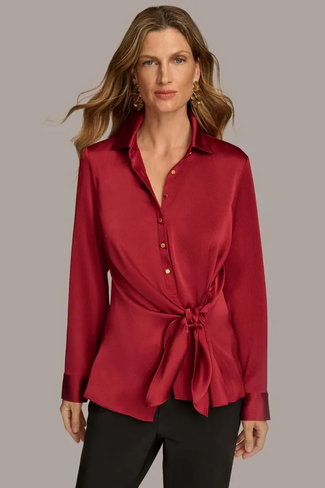 Women Donna Karan Sweaters And Tops BUTTON FRONT TIE WAIST TOP Metropolitan Red