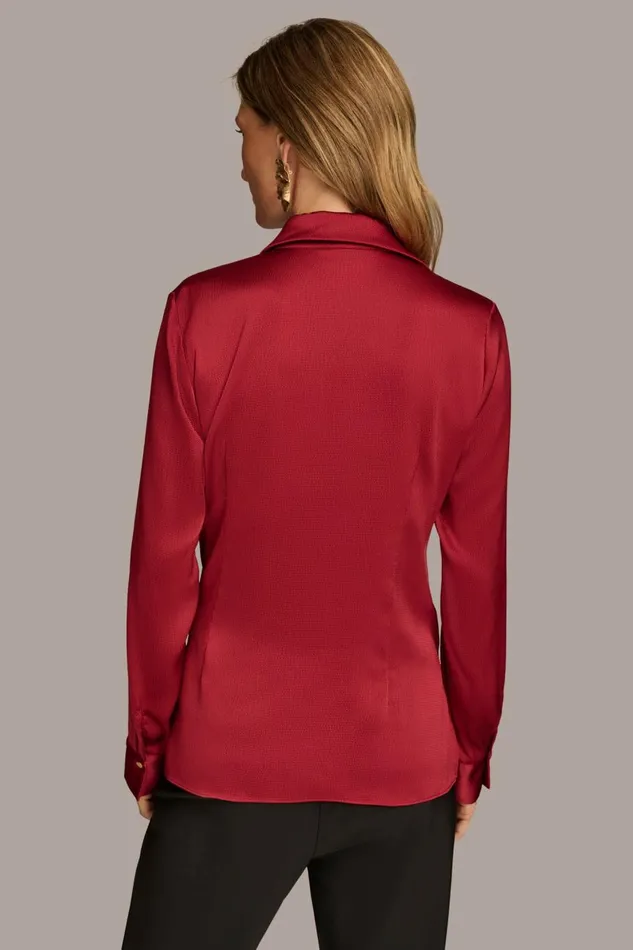 Women Donna Karan Sweaters And Tops BUTTON FRONT TIE WAIST TOP Metropolitan Red