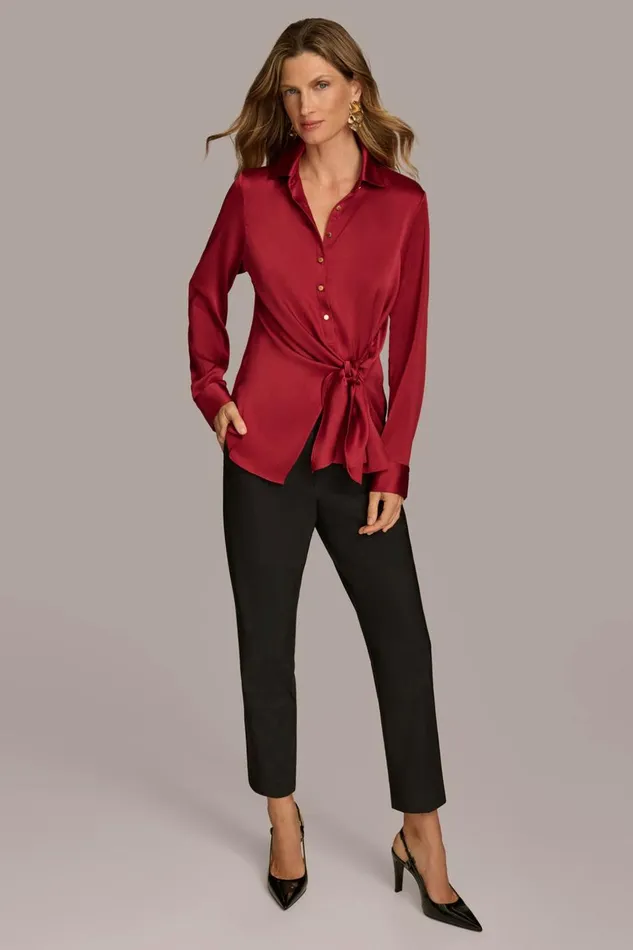 Women Donna Karan Sweaters And Tops BUTTON FRONT TIE WAIST TOP Metropolitan Red