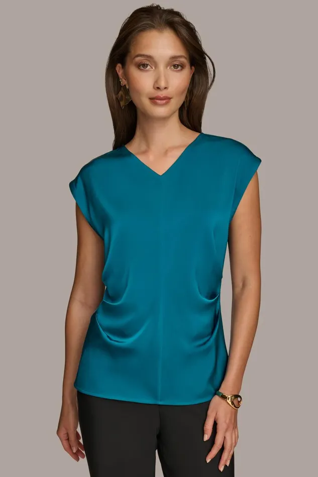 Women Donna Karan Sweaters And Tops CAP SLEEVE BLOUSE Empire Teal