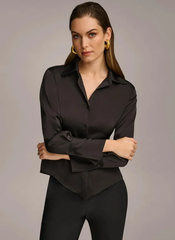 Women Donna Karan Sweaters And Tops COLLARED BUTTON DOWN BLOUSE Black