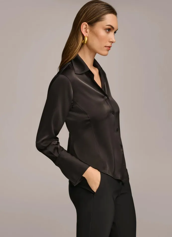 Women Donna Karan Sweaters And Tops COLLARED BUTTON DOWN BLOUSE Black