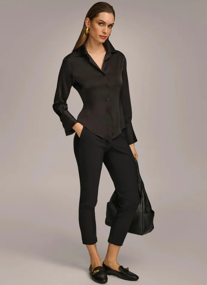 Women Donna Karan Sweaters And Tops COLLARED BUTTON DOWN BLOUSE Black