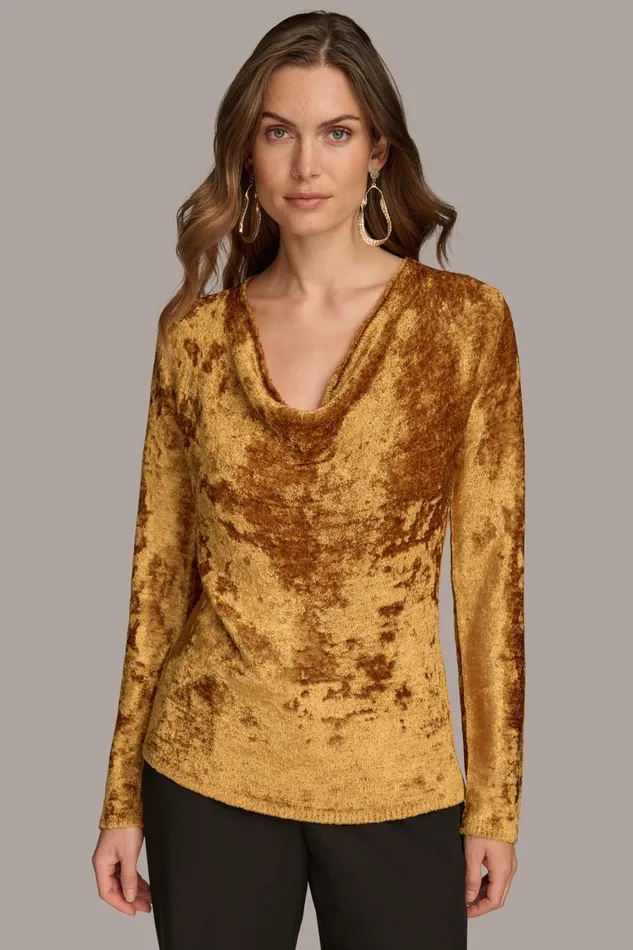 Women Donna Karan Sweaters And Tops COWL NECK TOP Antique Gold