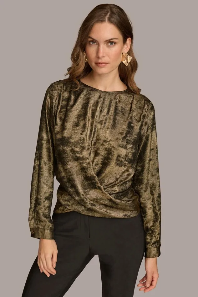 Women Donna Karan Sweaters And Tops CREW FAUX WRAP TOP Goldblack