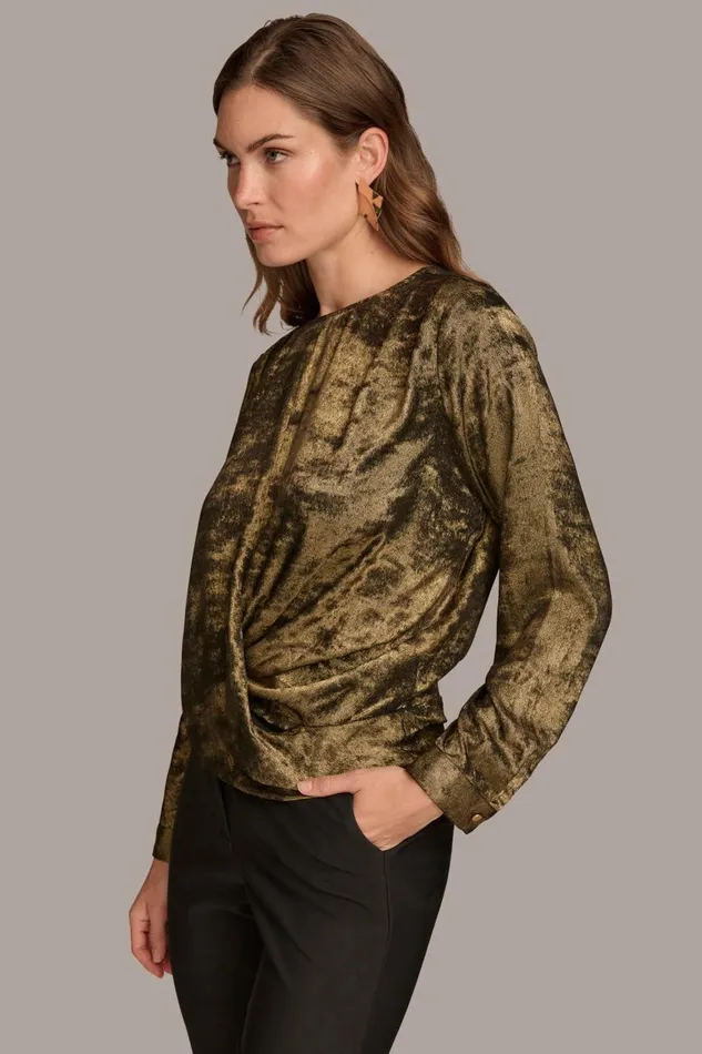 Women Donna Karan Sweaters And Tops CREW FAUX WRAP TOP Goldblack