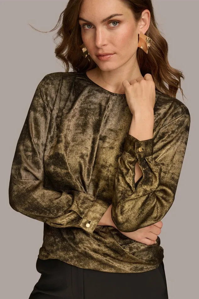Women Donna Karan Sweaters And Tops CREW FAUX WRAP TOP Goldblack