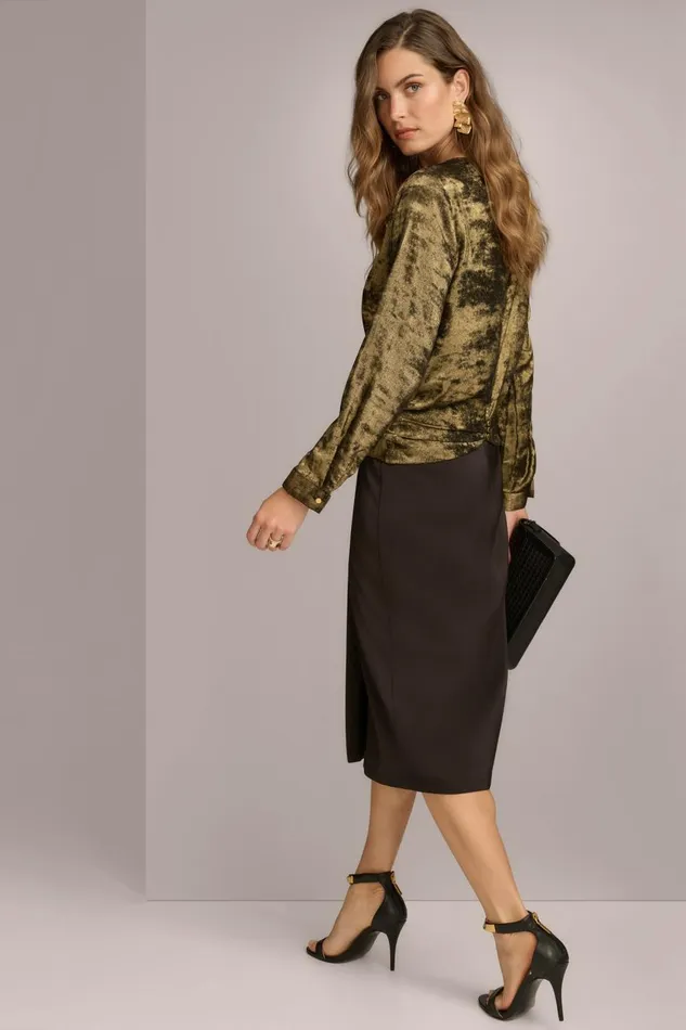 Women Donna Karan Sweaters And Tops CREW FAUX WRAP TOP Goldblack