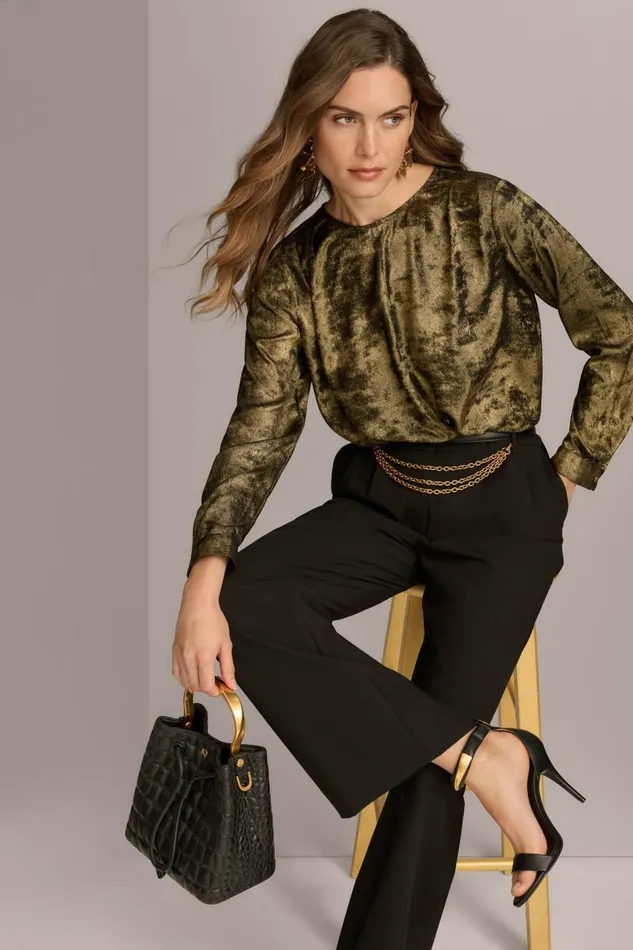 Women Donna Karan Sweaters And Tops CREW FAUX WRAP TOP Goldblack
