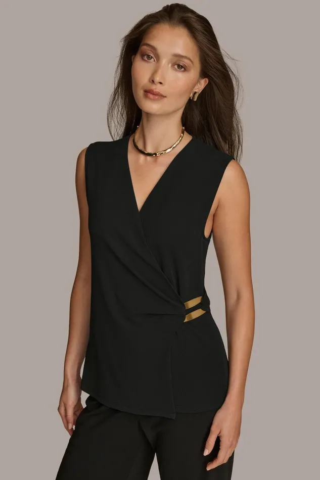 Women Donna Karan Sweaters And Tops FAUX WRAP TOP WITH BRUSHED HARDWARE DETAIL Black