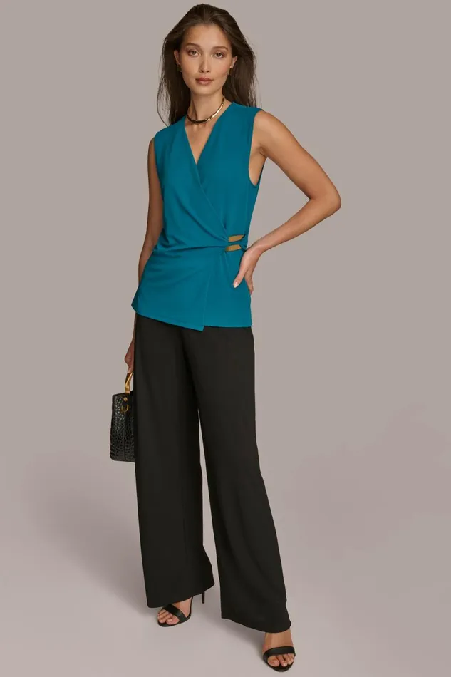 Women Donna Karan Sweaters And Tops FAUX WRAP TOP WITH BRUSHED HARDWARE DETAIL Empire Teal
