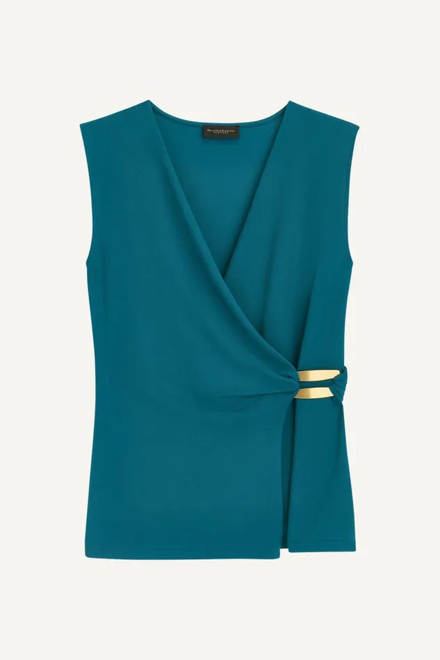 Women Donna Karan Sweaters And Tops FAUX WRAP TOP WITH BRUSHED HARDWARE DETAIL Empire Teal