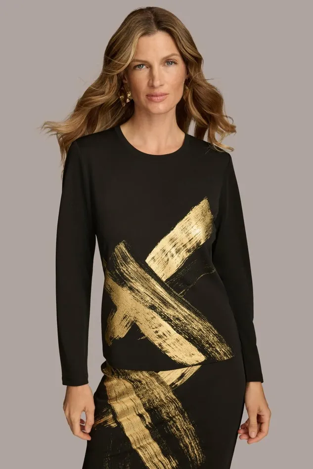 Women Donna Karan Sweaters And Tops GOLD PAINT PRINT TOP Black
