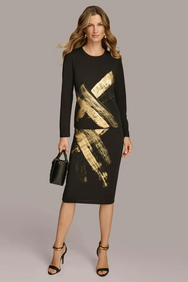 Women Donna Karan Sweaters And Tops GOLD PAINT PRINT TOP Black