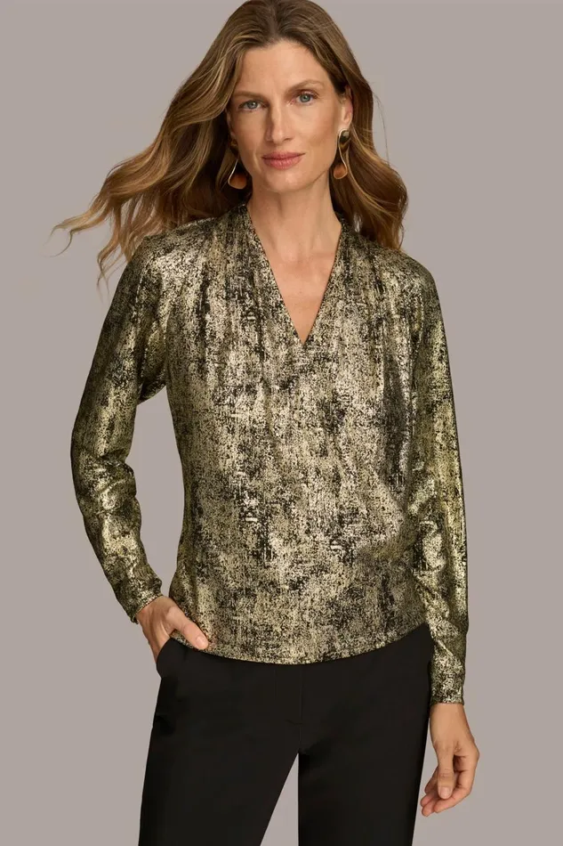 Women Donna Karan Sweaters And Tops METALLIC FAUX WRAP TOP Gold Multi