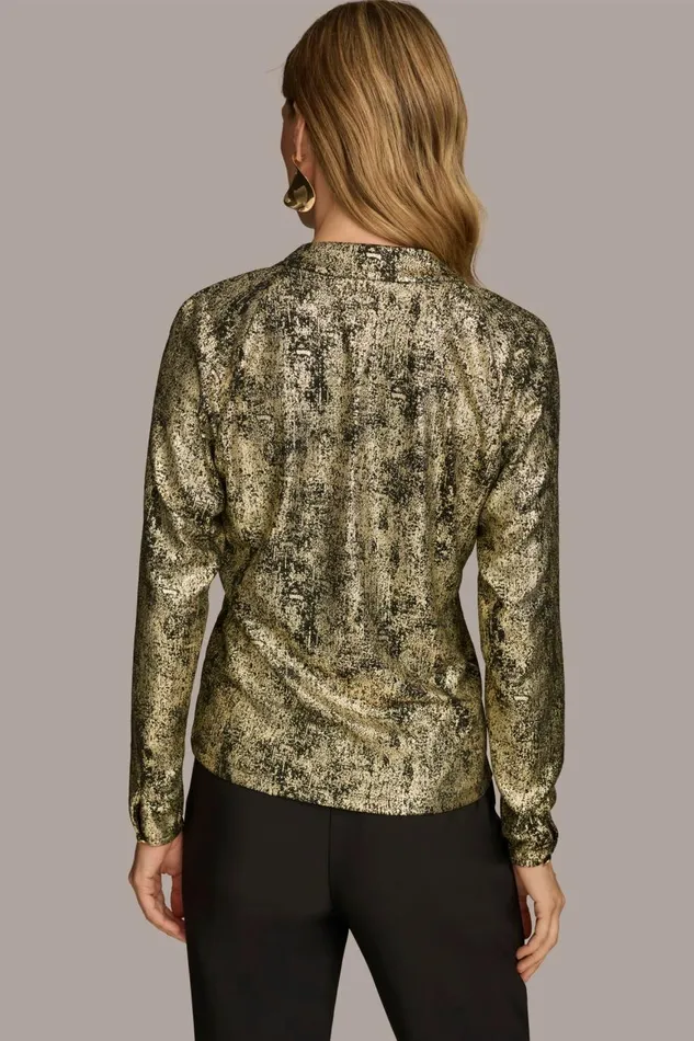 Women Donna Karan Sweaters And Tops METALLIC FAUX WRAP TOP Gold Multi
