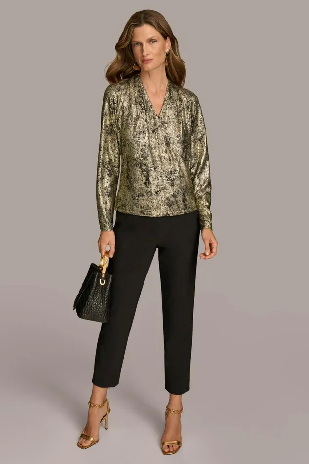 Women Donna Karan Sweaters And Tops METALLIC FAUX WRAP TOP Gold Multi