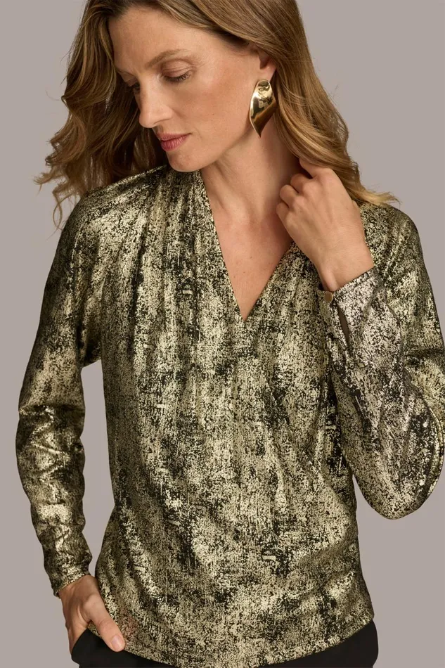 Women Donna Karan Sweaters And Tops METALLIC FAUX WRAP TOP Gold Multi
