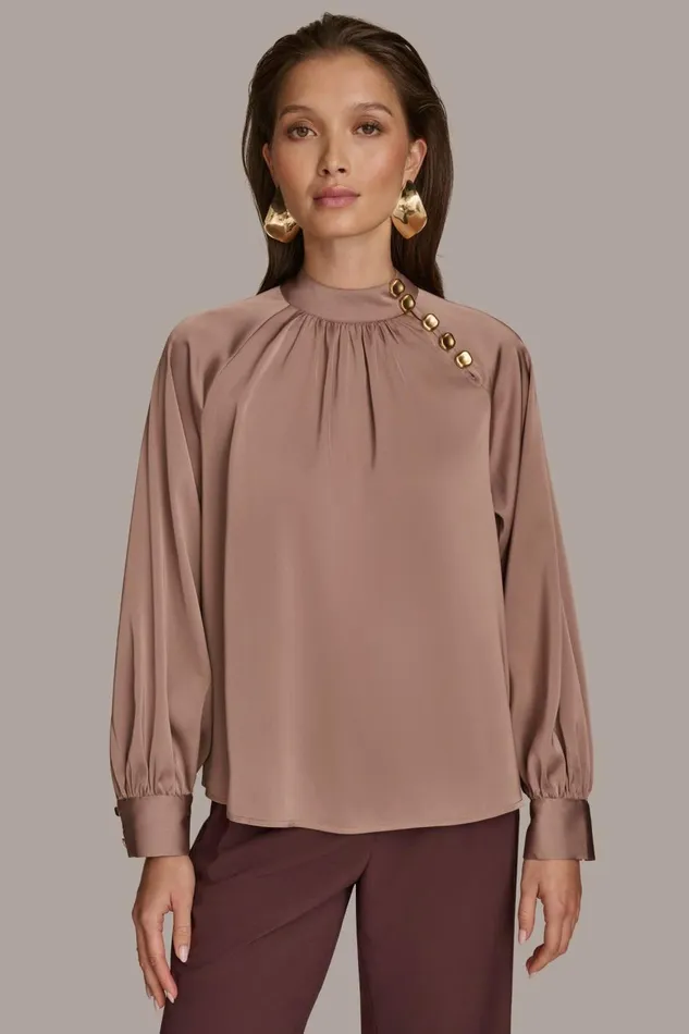 Women Donna Karan Sweaters And Tops MOCK NECK WITH BUTTONS Mink