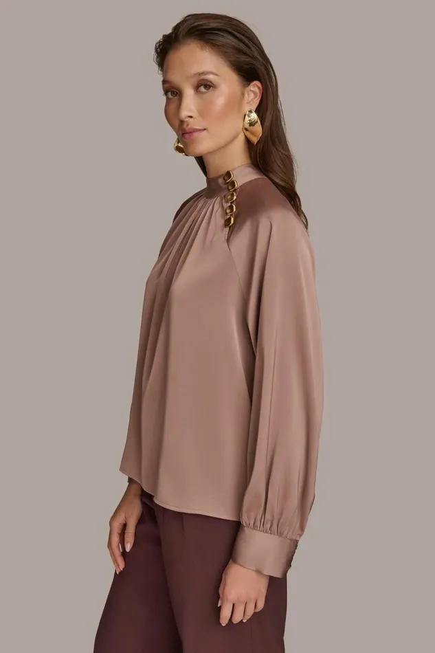 Women Donna Karan Sweaters And Tops MOCK NECK WITH BUTTONS Mink