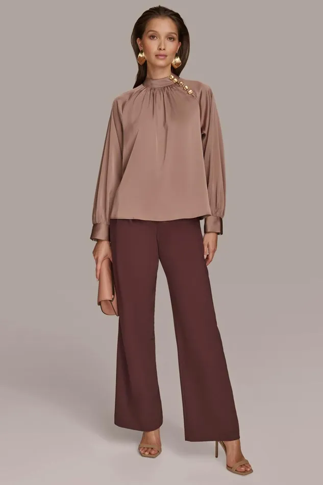 Women Donna Karan Sweaters And Tops MOCK NECK WITH BUTTONS Mink