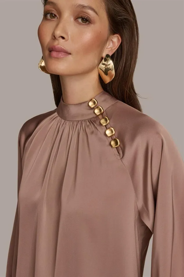Women Donna Karan Sweaters And Tops MOCK NECK WITH BUTTONS Mink