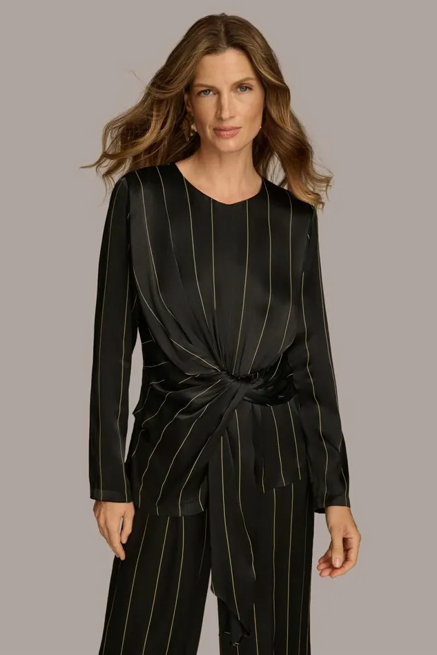 Women Donna Karan Sweaters And Tops PINSTRIPE TIE WAIST TOP Black