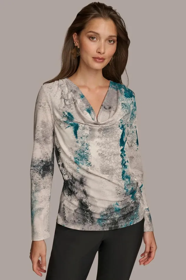Women Donna Karan Sweaters And Tops PRINT DRAPE FRONT TOP Peacock Blue