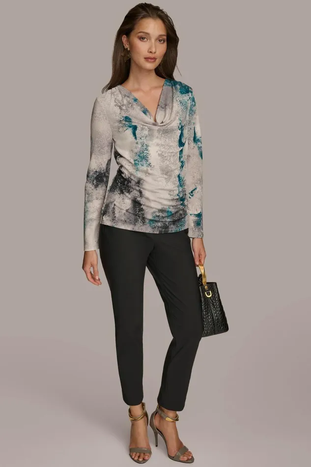 Women Donna Karan Sweaters And Tops PRINT DRAPE FRONT TOP Peacock Blue