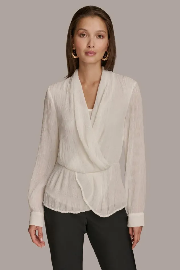 Women Donna Karan Sweaters And Tops RIPPLE FAUX WRAP BLOUSE Ivory
