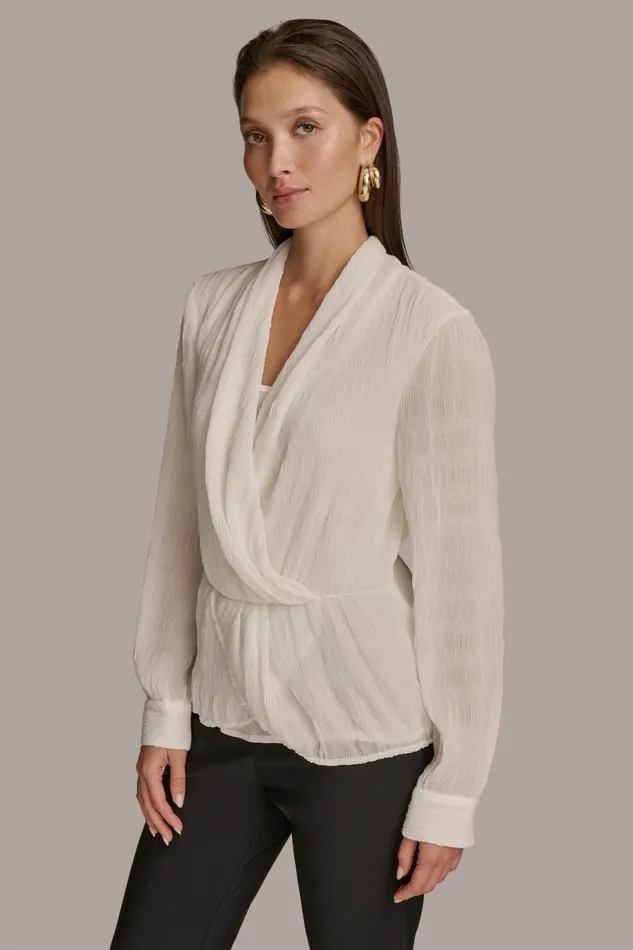 Women Donna Karan Sweaters And Tops RIPPLE FAUX WRAP BLOUSE Ivory