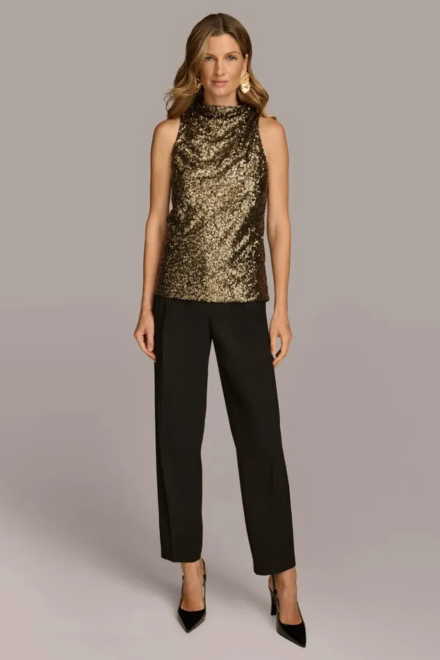 Women Donna Karan Sweaters And Tops SEQUIN COWL NECK TOP Goldblack