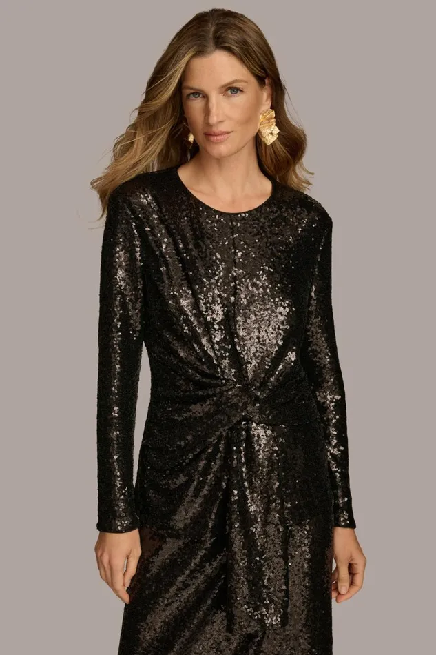Women Donna Karan Sweaters And Tops TIE WAIST SEQUIN TOP Black