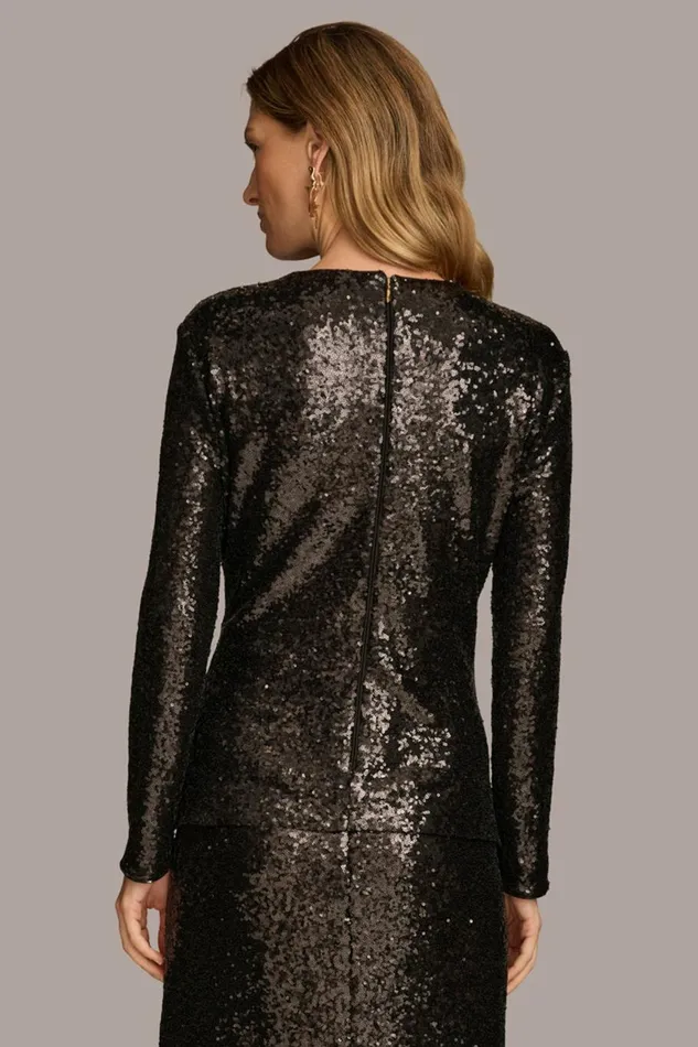 Women Donna Karan Sweaters And Tops TIE WAIST SEQUIN TOP Black