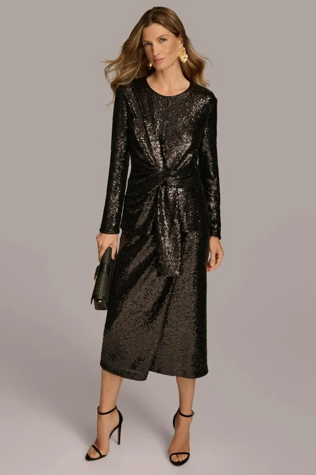 Women Donna Karan Sweaters And Tops TIE WAIST SEQUIN TOP Black