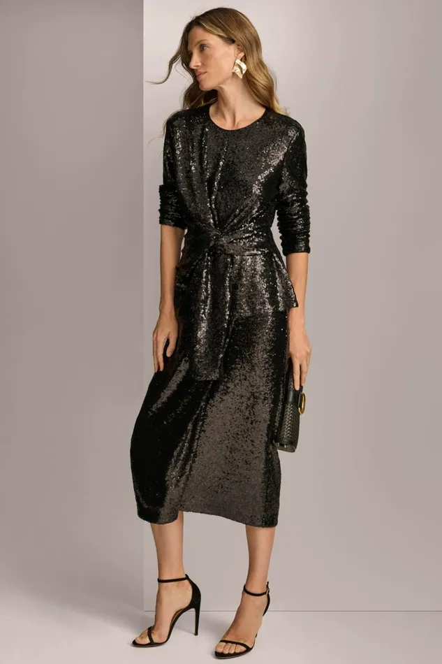Women Donna Karan Sweaters And Tops TIE WAIST SEQUIN TOP Black