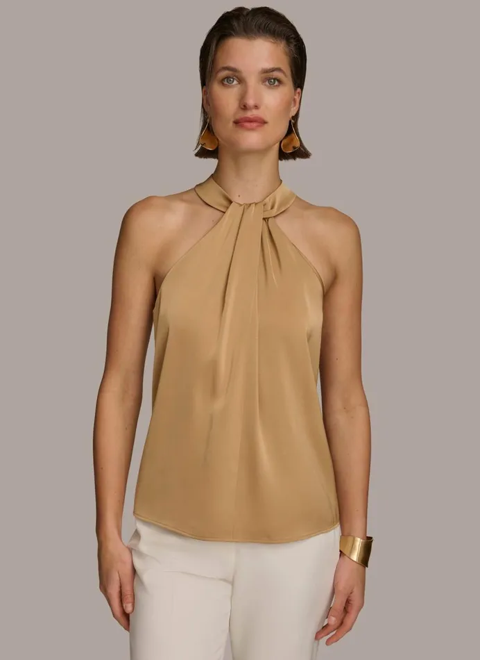 Women Donna Karan Sweaters And Tops TWIST NECK HALTER TOP Fawn