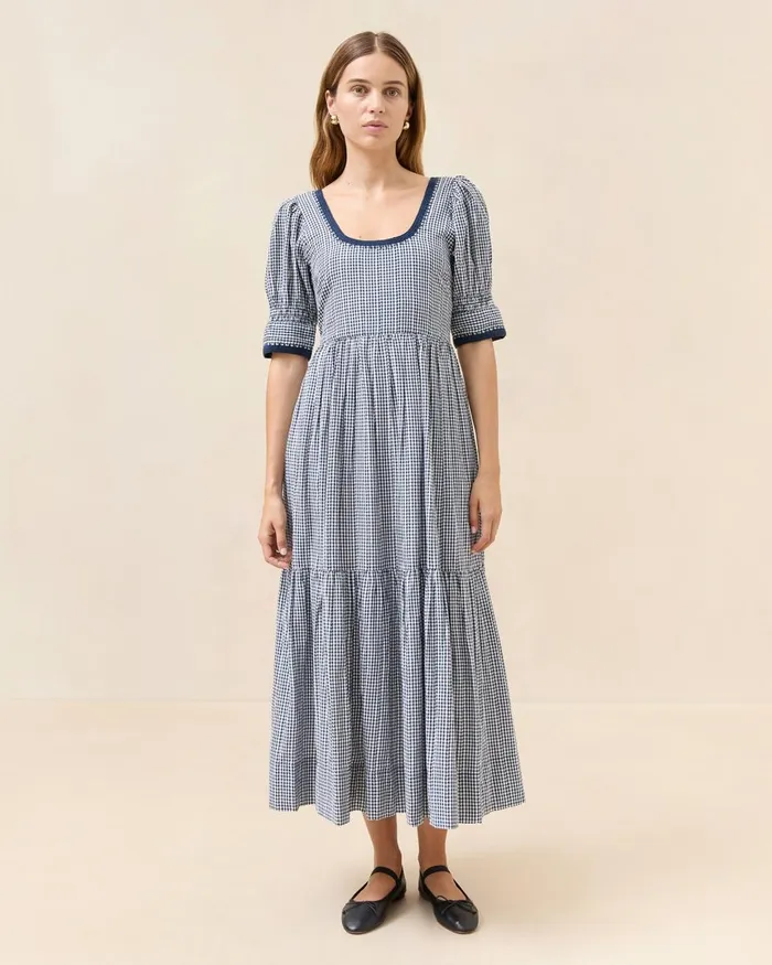 Women Dresses Loeffler Randall Gillian Navy Gingham PuffSleeve Dress