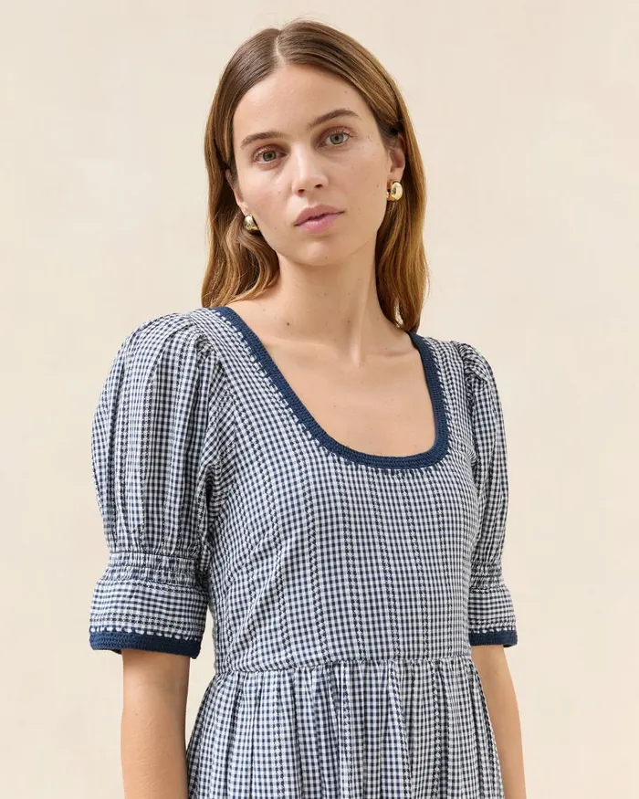 Women Dresses Loeffler Randall Gillian Navy Gingham PuffSleeve Dress Women Dresses Loeffler Randall Gillian Navy Gingham PuffSleeve Dress