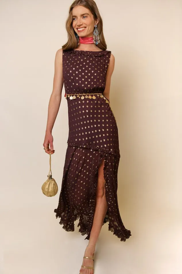 Women Dresses RIXO Barrette Chocolate Lurex Spot