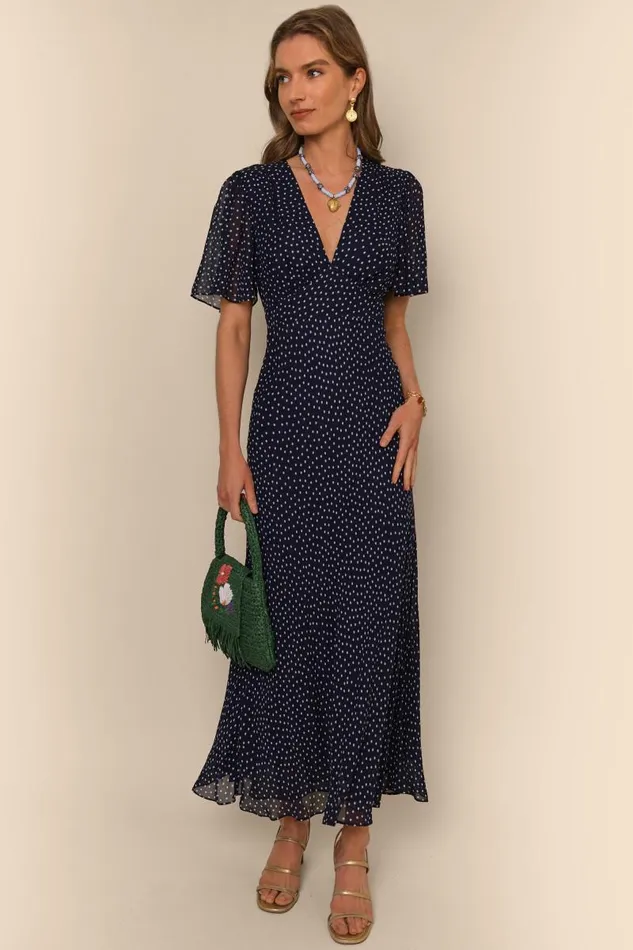 Women Dresses RIXO Florida Mini Navy Polka Dot