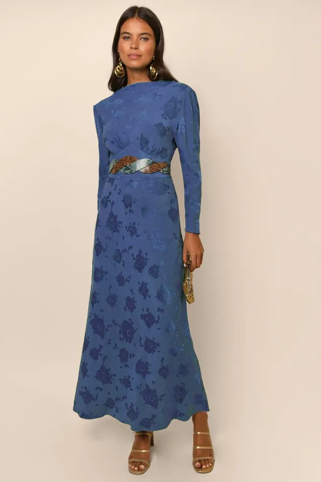 Women Dresses RIXO Ginger Steel Blue Poppy Jacquard