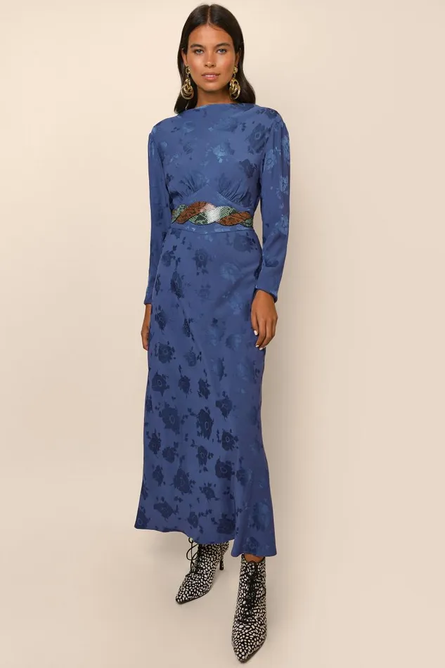 Women Dresses RIXO Ginger Steel Blue Poppy Jacquard Women Dresses RIXO Ginger Steel Blue Poppy Jacquard