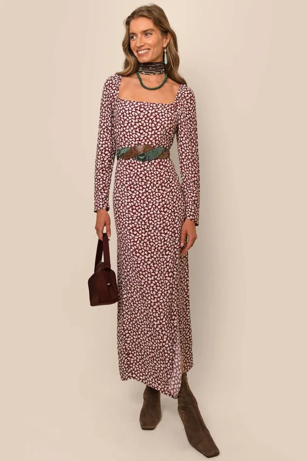 Women Dresses RIXO Hattie Burgundy Shadow Ditsy